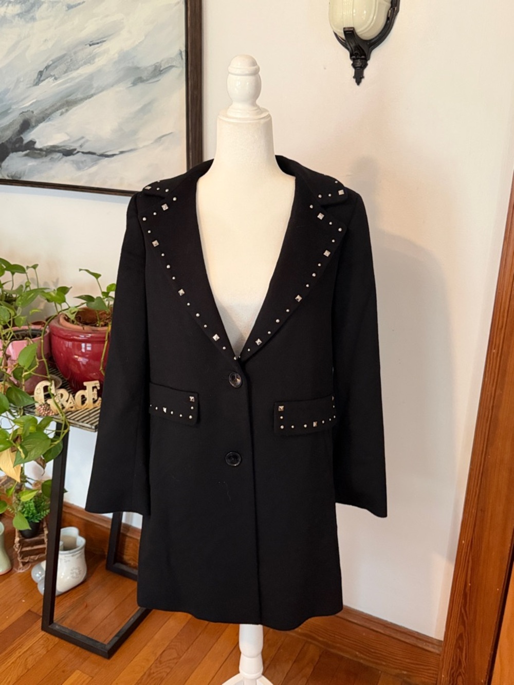 Sofia Cashmere Black Stud-Trim Long Coat